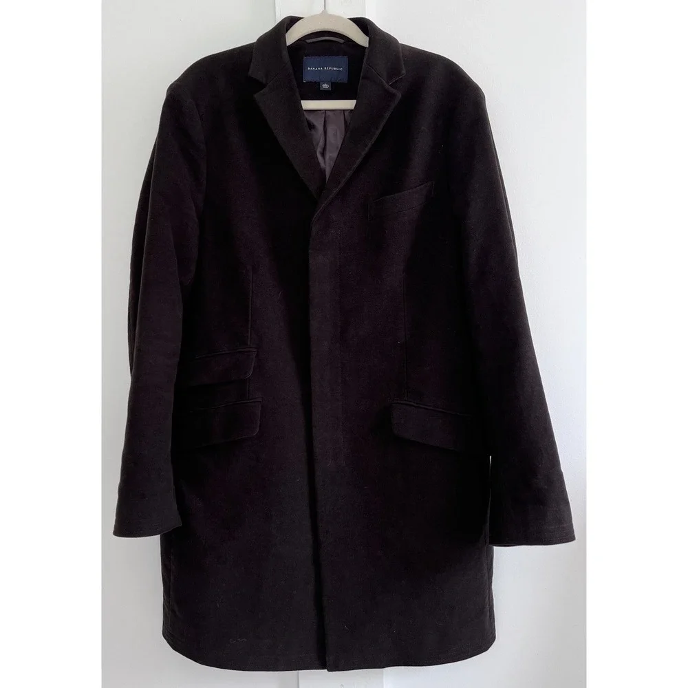 Banana Republic Mens L 100% Cotton Overcoat Brown Tailored Topcoat Hidden Button